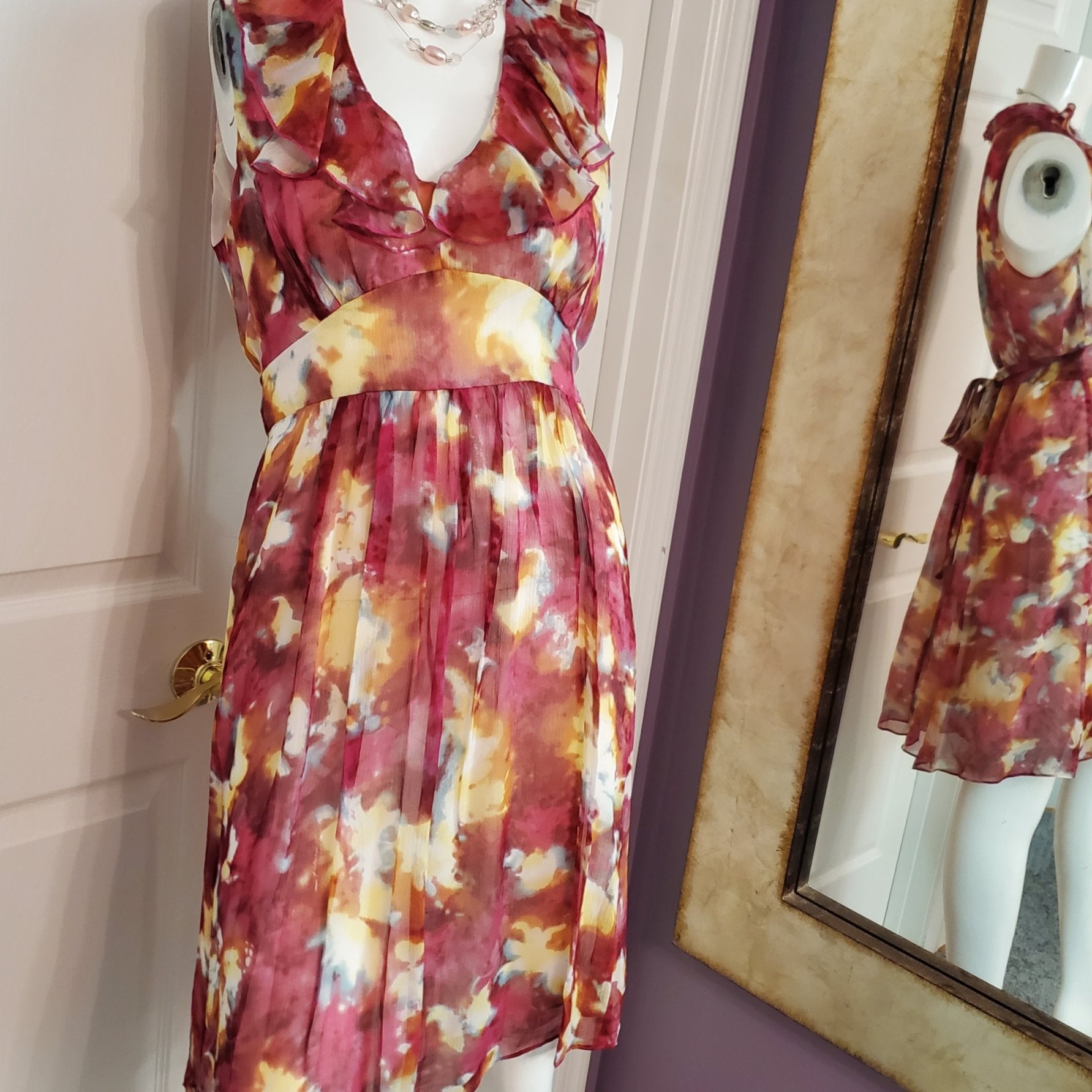 Vintage Chequer Pink and Yellow Ruffled Dress - Size 10