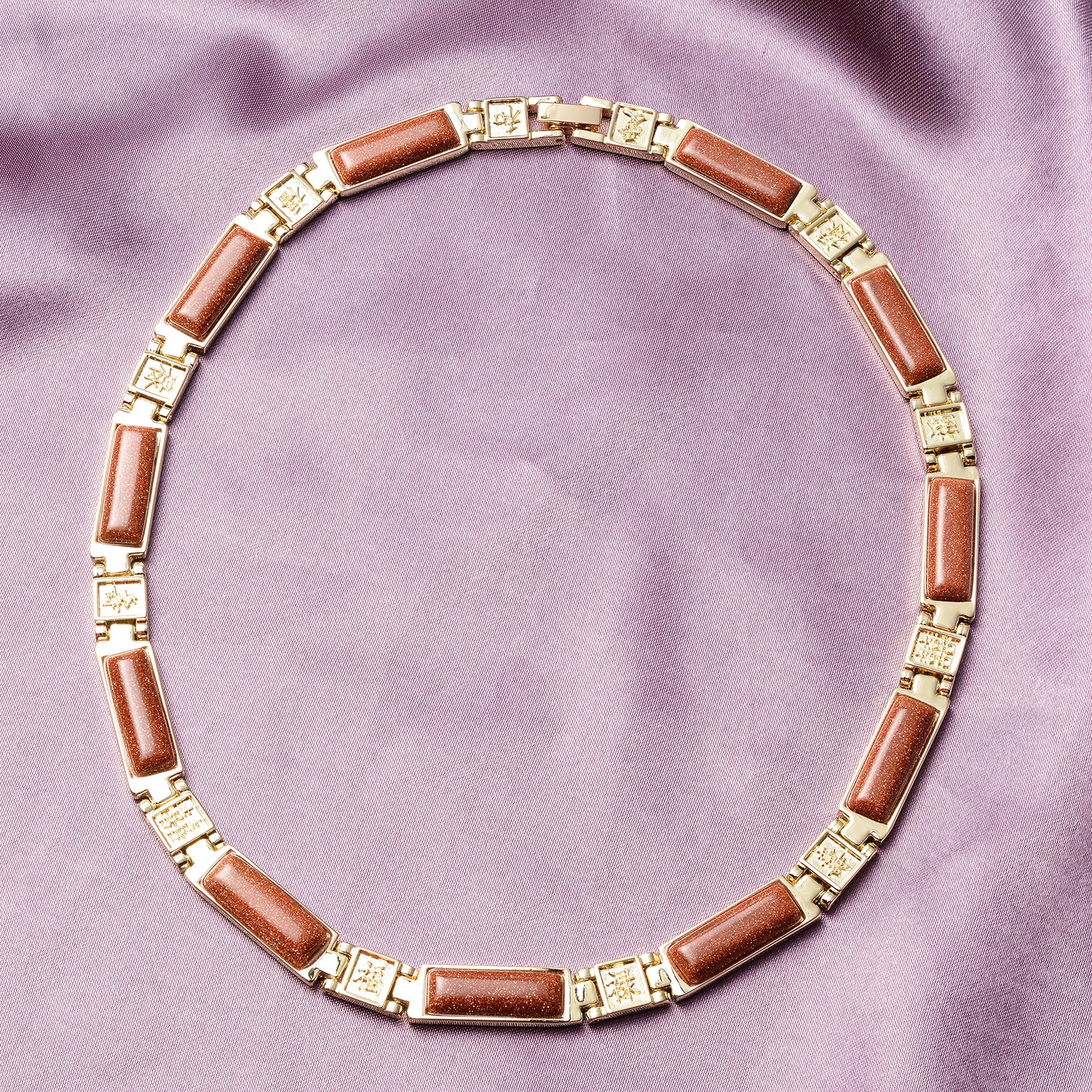 Magnetic Gold Sandstone Chinese Blessing Characters Necklace