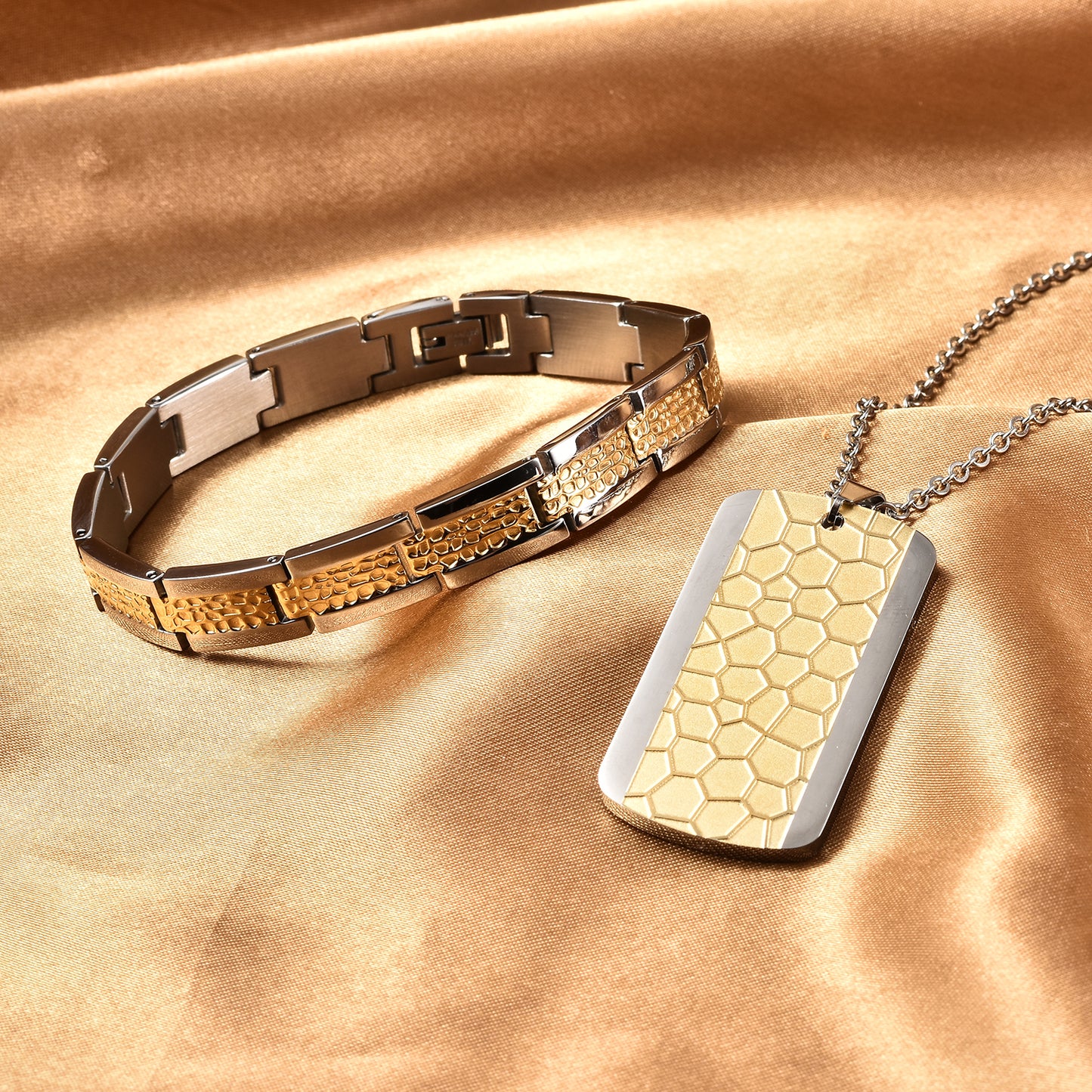 Men's Bracelet and Honey Comb  and Textured Dog Tag Pendant Necklace