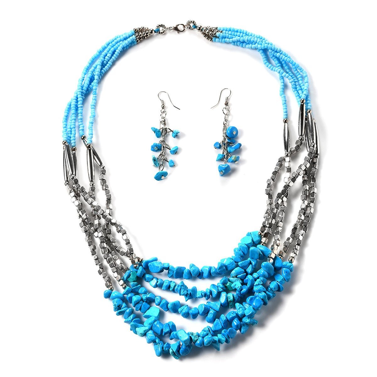 Handmade Teal Blue Howlite Earrings and Multi Strand Necklace
