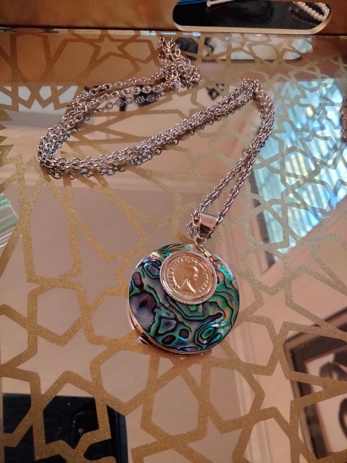 Unisex Abalone Shell Coin Pendant in Sterling Silver  With Free Premium  Chain