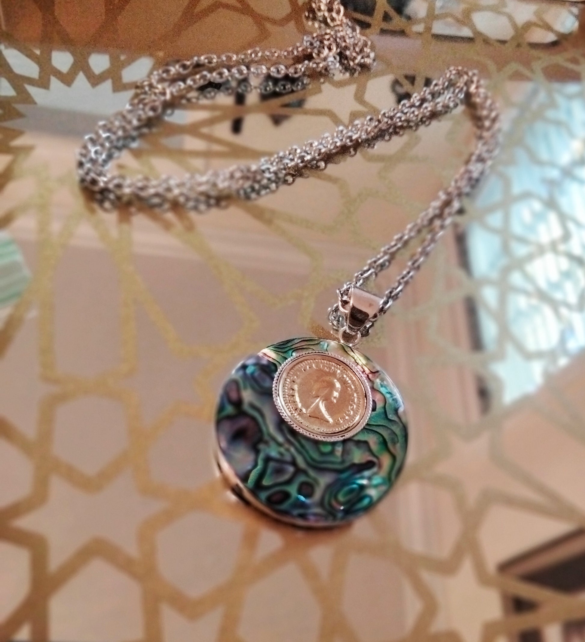 Unisex Abalone Shell Coin Pendant in Sterling Silver With Free Premium Chain