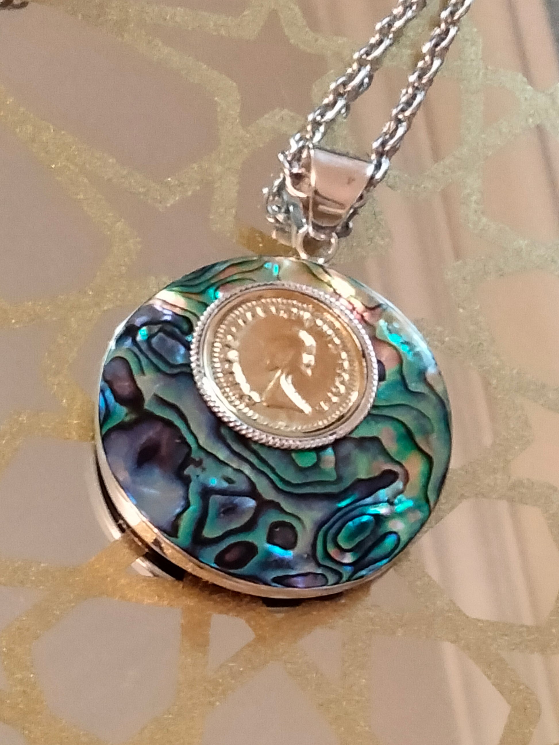 Unisex Abalone Shell Coin Pendant in Sterling Silver With Free Premium Chain