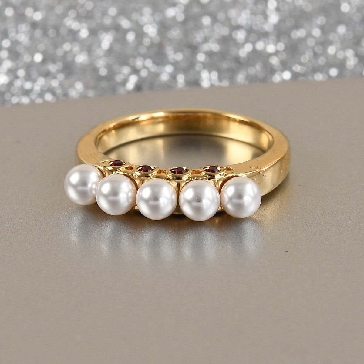 5 Pearl Crystal 18K YG Ring Size 6