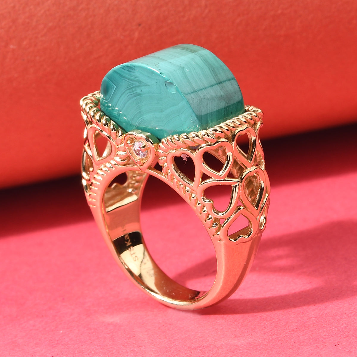 Karis African Malachite and Natural White Zircon Yellow Gold Ring Size 7