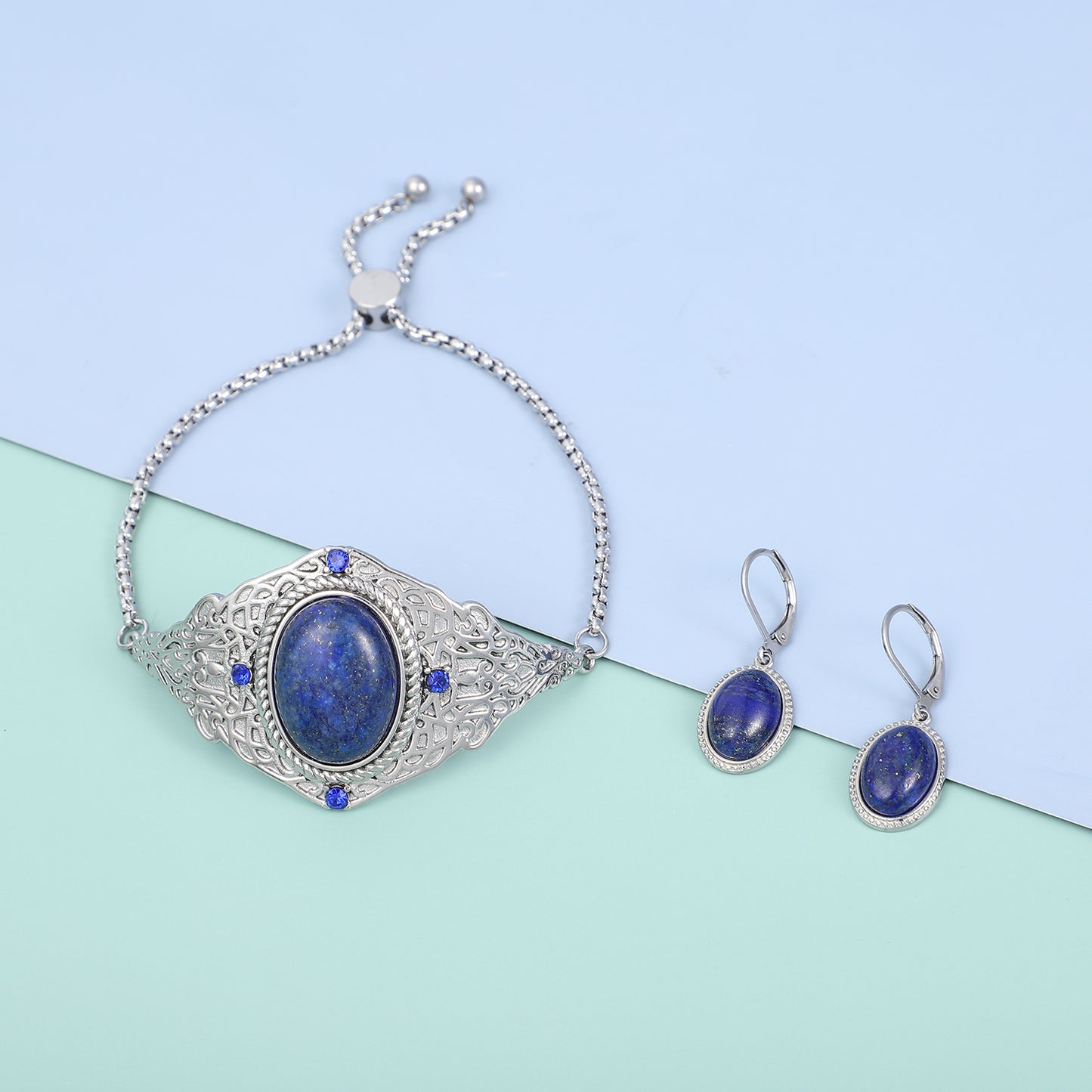 Lapis Lazuli and Blue Austrian Crystal Lever Back Earrings & Bolo Bracelet in Stainless Steel - 62.40 CTW