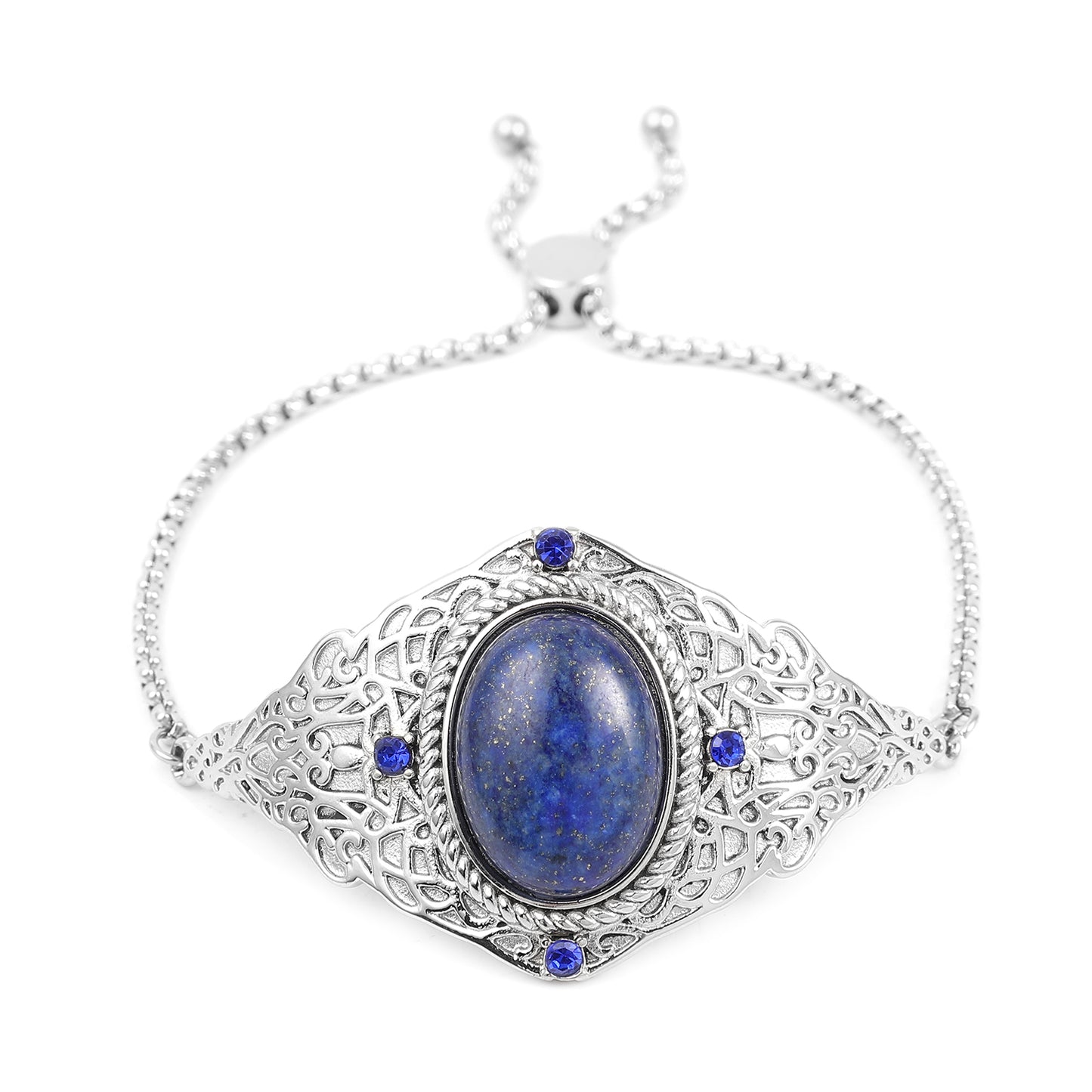 Lapis Lazuli and Blue Austrian Crystal Lever Back Earrings & Bolo Bracelet in Stainless Steel - 62.40 CTW