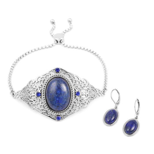 Lapis Lazuli and Blue Austrian Crystal Lever Back Earrings & Bolo Bracelet in Stainless Steel - 62.40 CTW