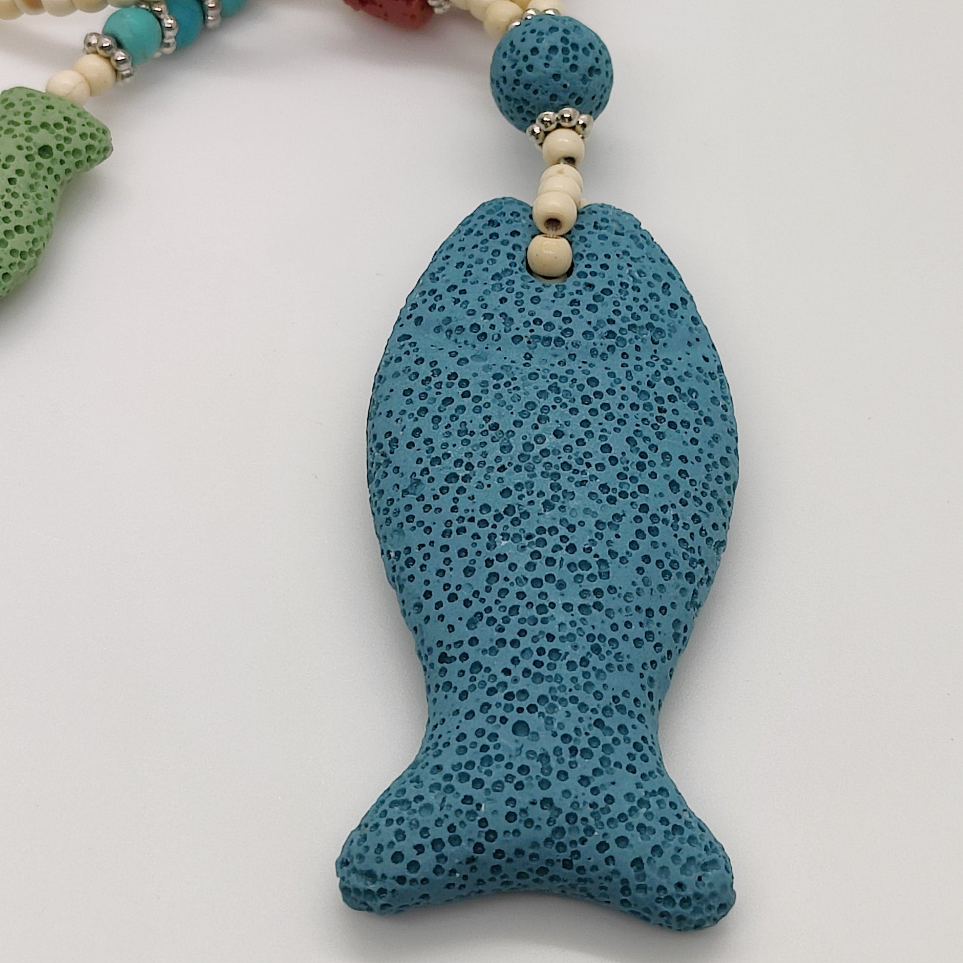 Multi Color Lava, Freshened White and Blue Howlite Beaded Star Charm Necklace 28 Inches in Silvertone 215.50 ctw