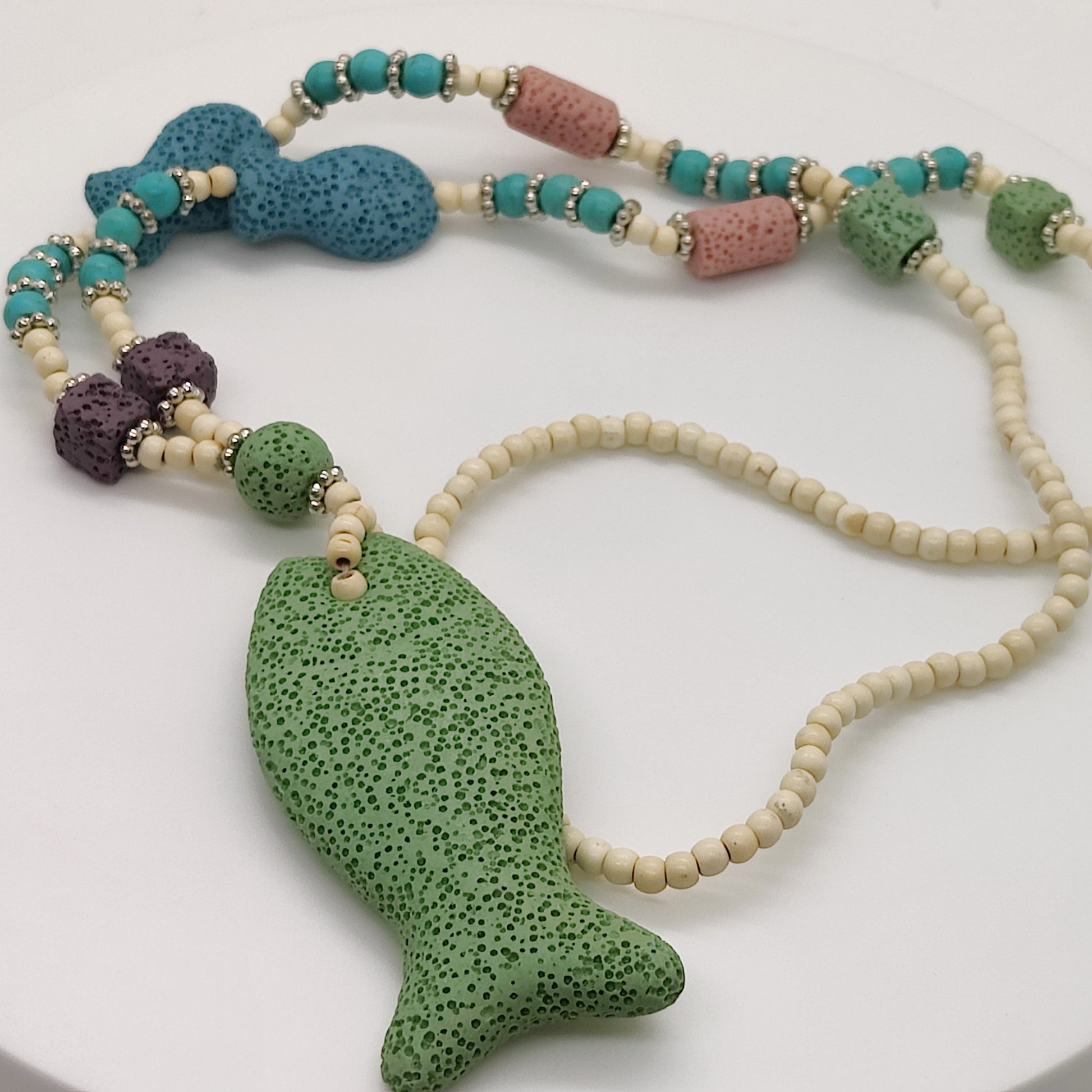 Multi Color Lava, Freshened White and Blue Howlite Beaded Star Charm Necklace 28 Inches in Silvertone 215.50 ctw