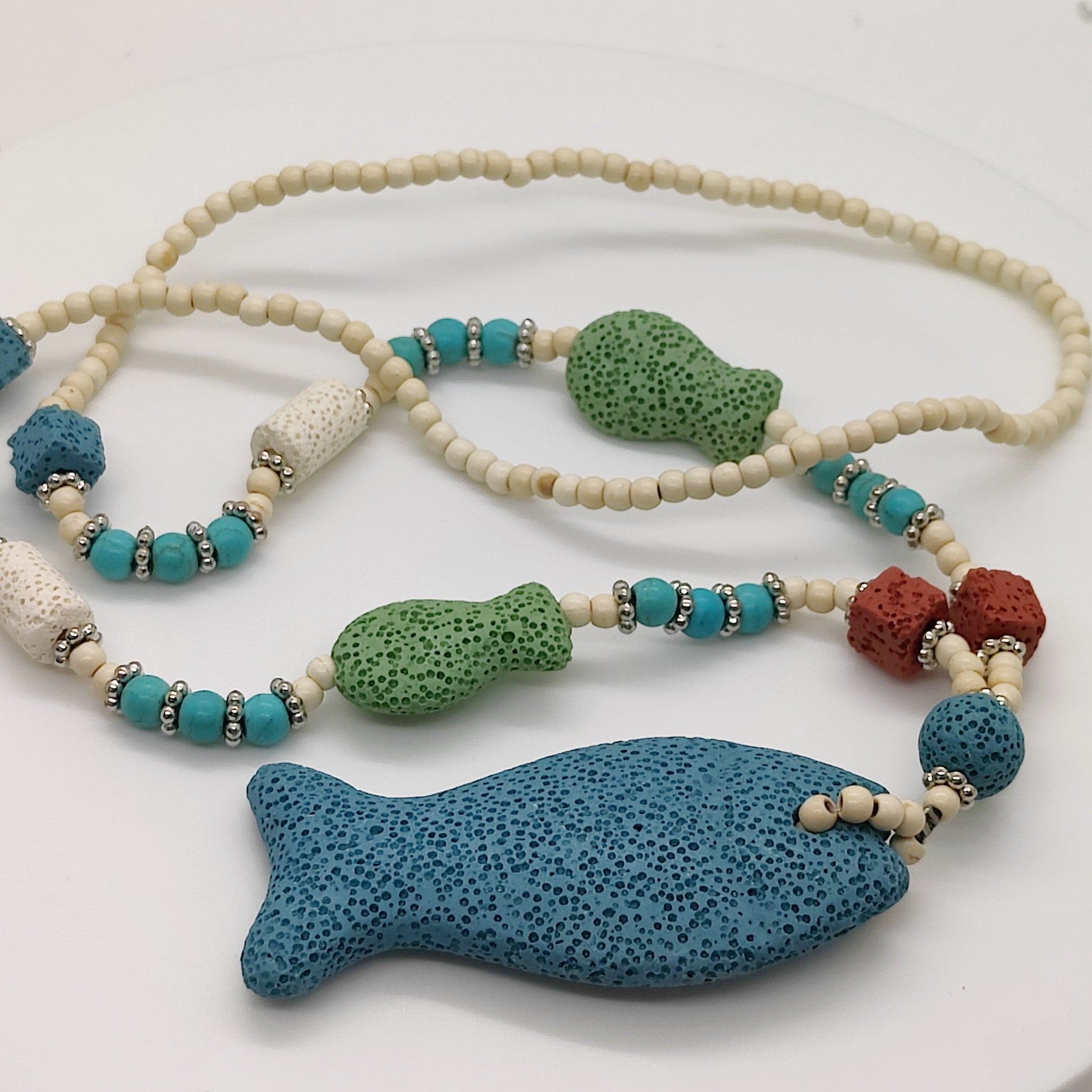 Multi Color Lava, Freshened White and Blue Howlite Beaded Star Charm Necklace 28 Inches in Silvertone 215.50 ctw