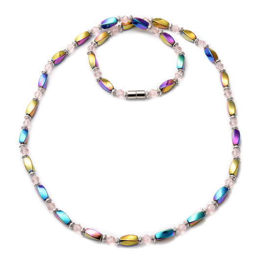 Magic Color Hematite and Pink Glass Beaded Necklace 28 Inches
