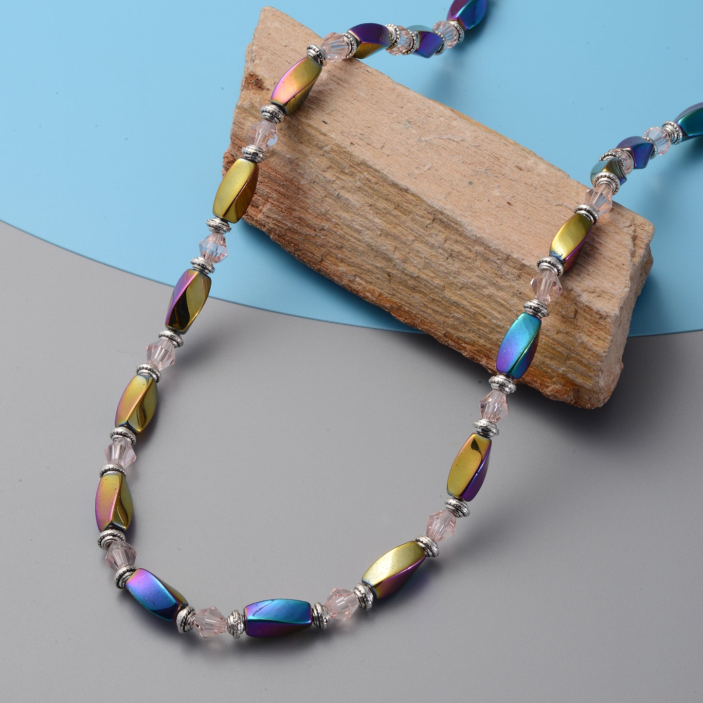 Magic Color Hematite and Pink Glass Beaded Necklace 28 Inches