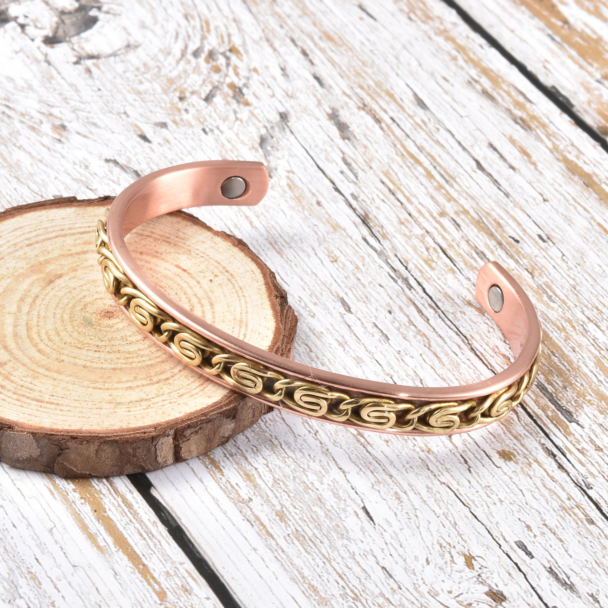 Magnetic By Design Byzantine Chain Pattern Adjustable Cuff Bracelet in Rosetone