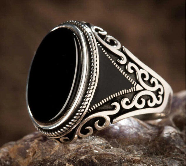 Products Men's Black Agate 925 Sterling Silver Ring