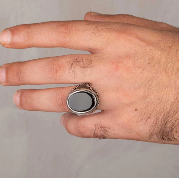 Products Men's Black Agate 925 Sterling Silver Ring