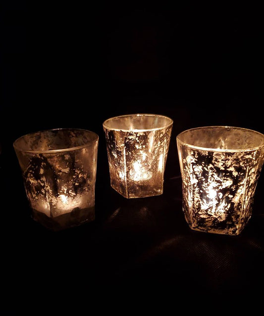 Mercury Glass Vintage Crackle Candle Holders with Tea Light Candle Set of 3