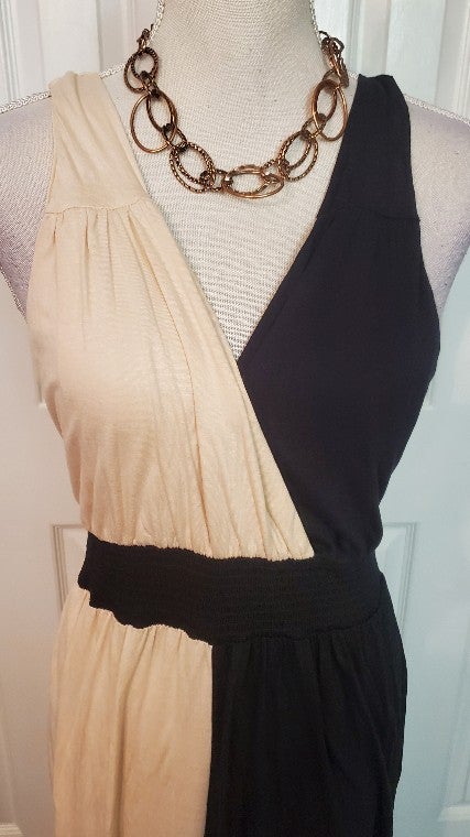 Long Color Blocked Peach and Black, Sleeveless Dress, Size Medium