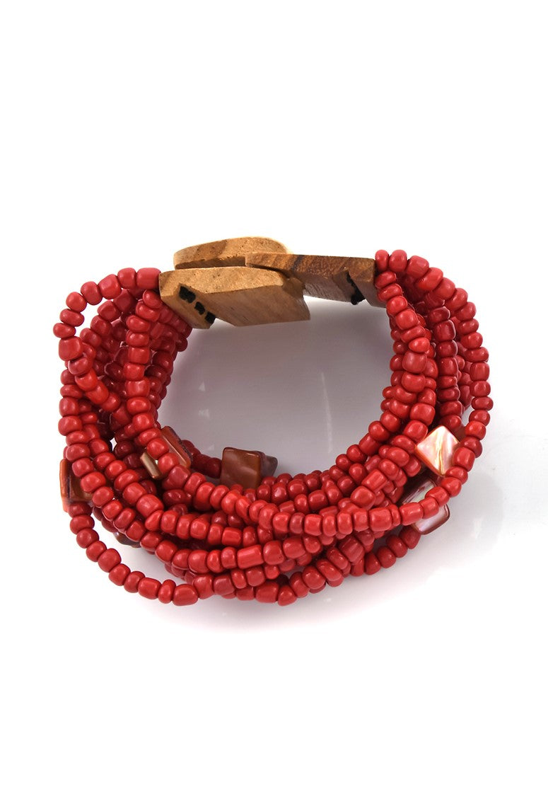 Wooden Buckle Sead Bead Stretch Bracelet Multi Colors