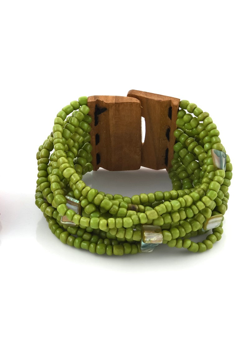 Wooden Buckle Sead Bead Stretch Bracelet Multi Colors