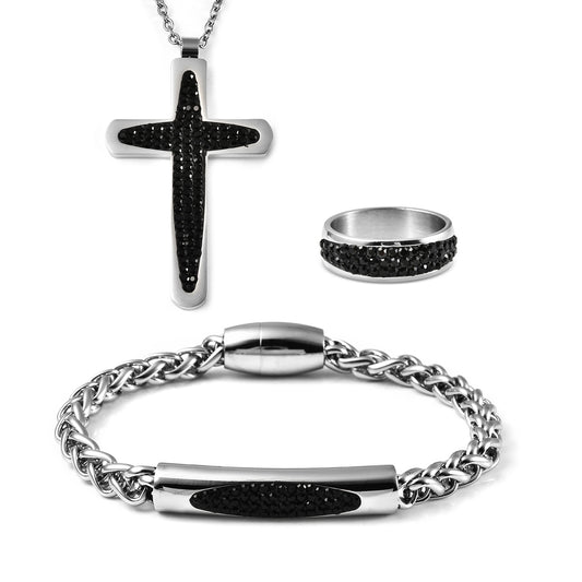 Black Austrian Crystal Men's Ring , Bar Bracelet or Cross Necklace