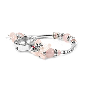 2 pc Rose Quartz, White Austrian Crystal Charm Bracelet Watch and Matching Bracelet