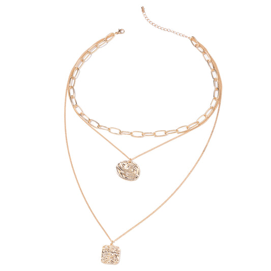 Round and Cushion Coin Triple Strand Necklace 30 Inch