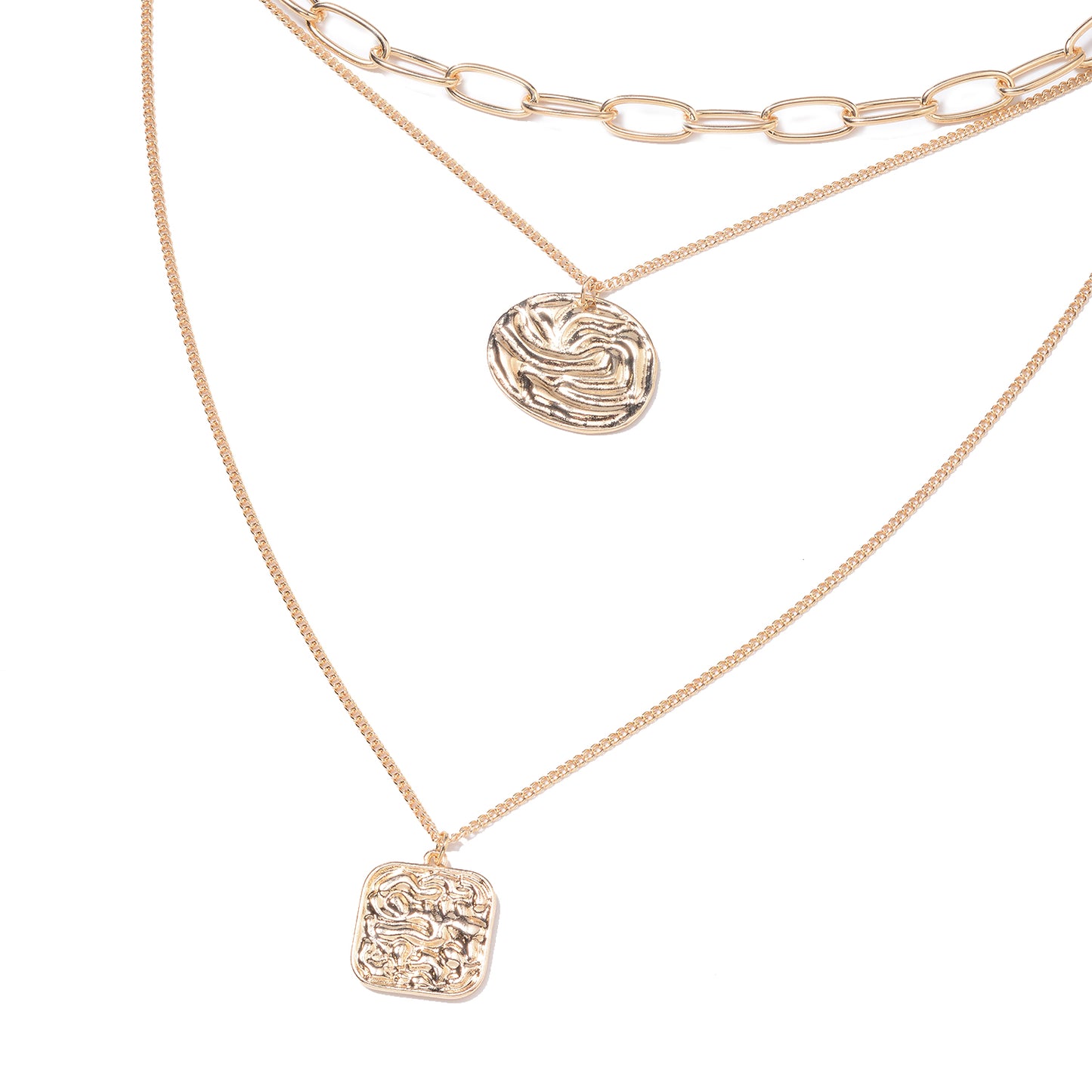 Round and Cushion Coin Triple Strand Necklace 30 Inch