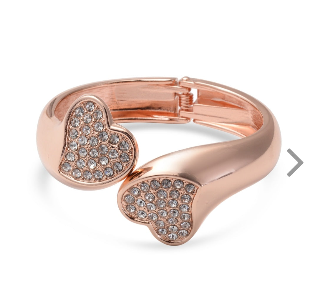 Double Heart Open End Cuff Bracelet in Silver, Gold or Rosetone