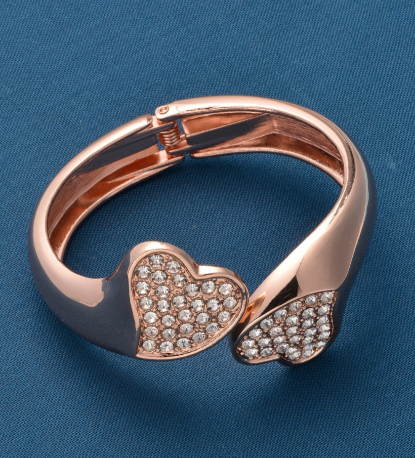 Double Heart Open End Cuff Bracelet in Silver, Gold or Rosetone