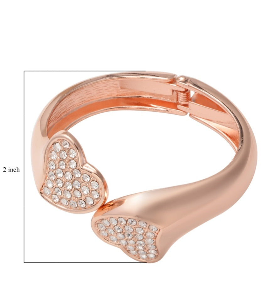 Double Heart Open End Cuff Bracelet in Silver, Gold or Rosetone