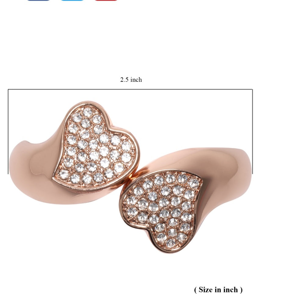 Double Heart Open End Cuff Bracelet in Silver, Gold or Rosetone