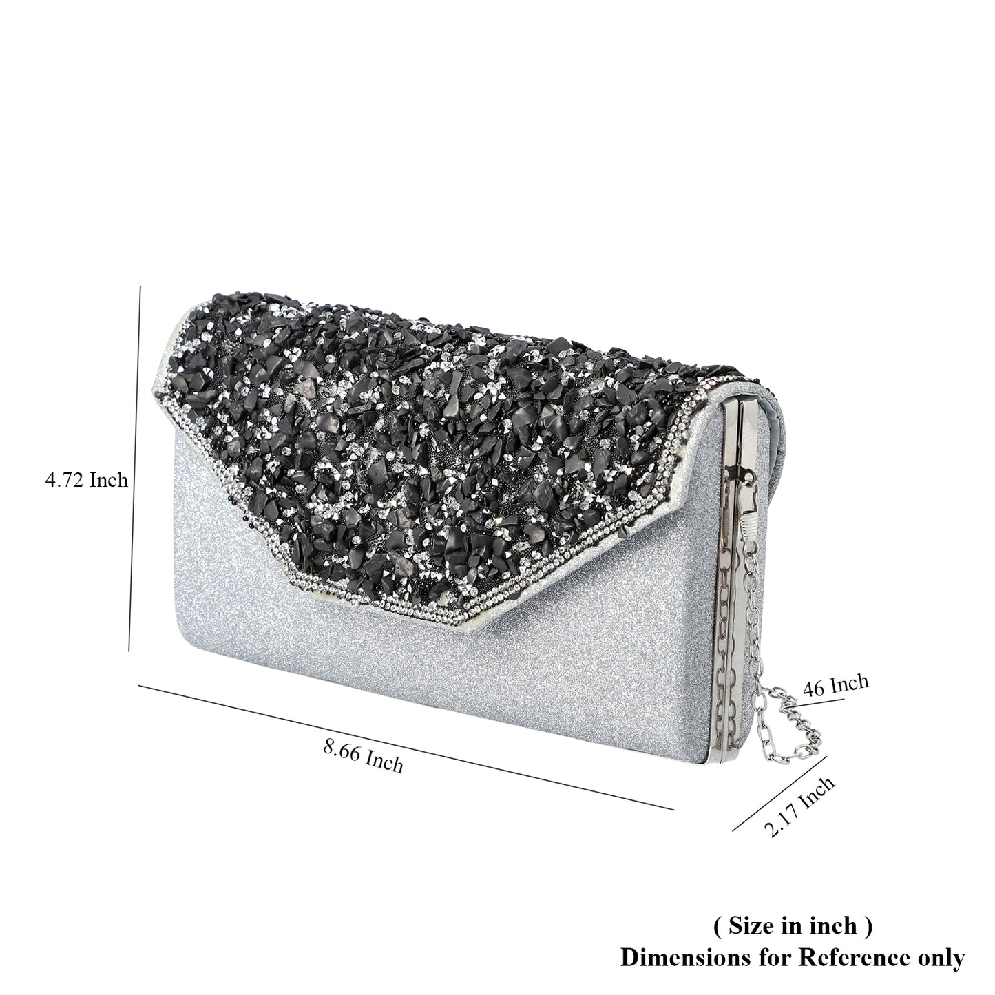 Shungite, Silver Gilded Fabric Clutch Bag with Detachable Chain Shoulder Strap