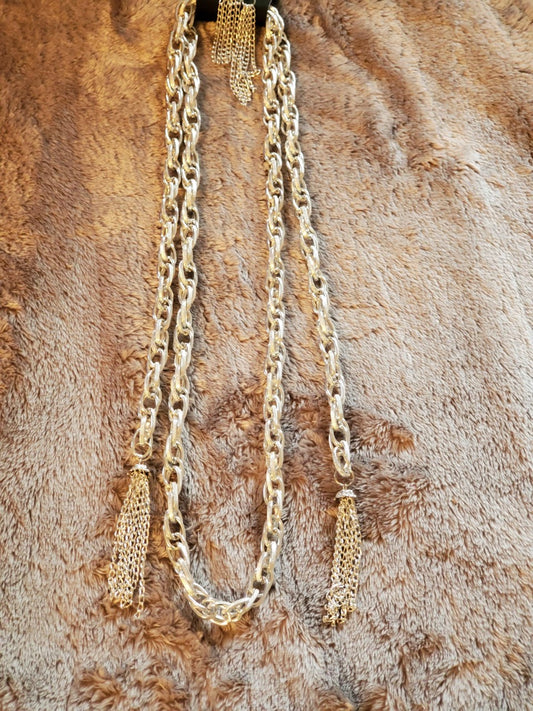 Long Silver Tassel Necklace and Earring Set