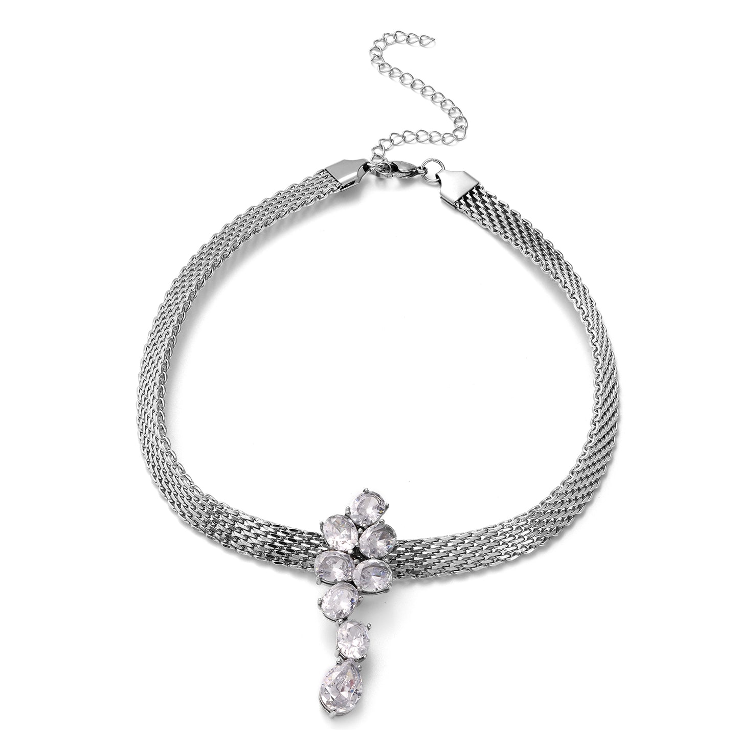 Silver Mesh Simulated Green or White Diamond Choker Pendant Necklace 16 Inches