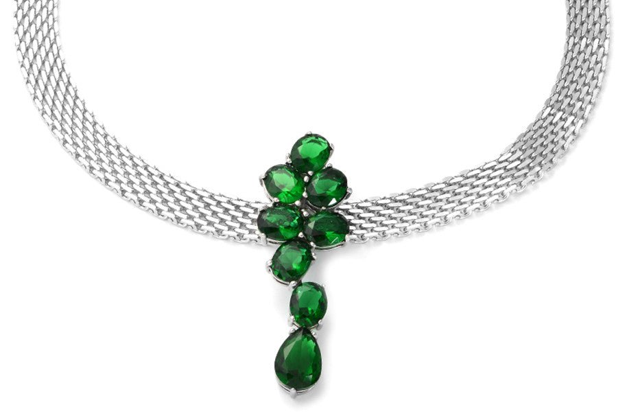 Silver Mesh Simulated Green Diamond Choker Pendant Necklace 16 Inches