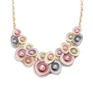 Simulated Pearl and Enameled Oyster Cluster Necklace 20-22 Inches