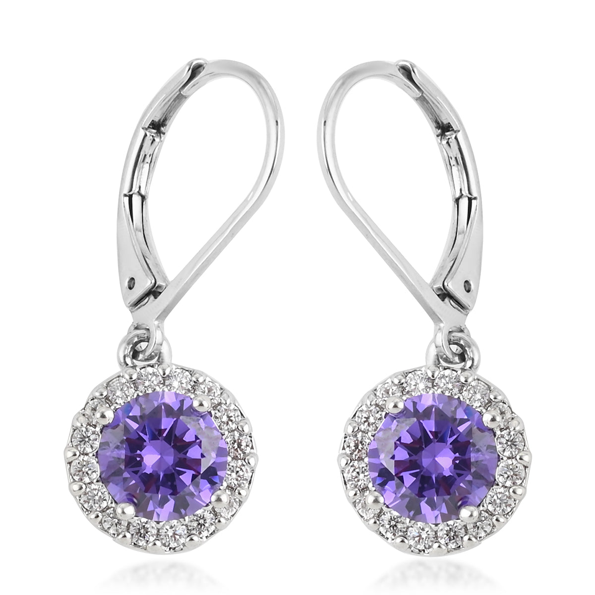 Purple Sapphire and Diamond Halo Drop Earrings
