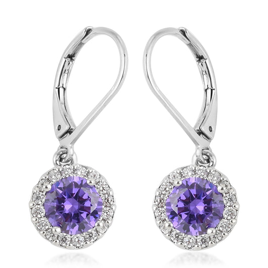 Purple Sapphire and Diamond Halo Drop Earrings