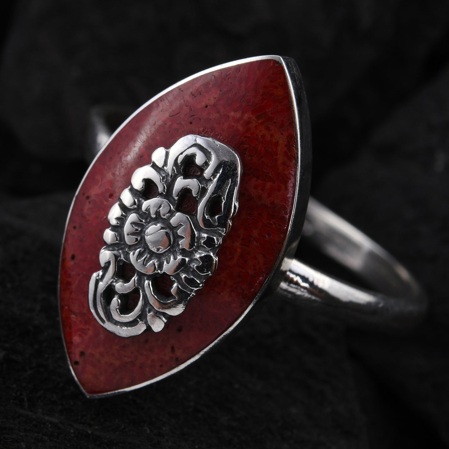 Red Sponge Coral Ring in Sterling Silver Size 9