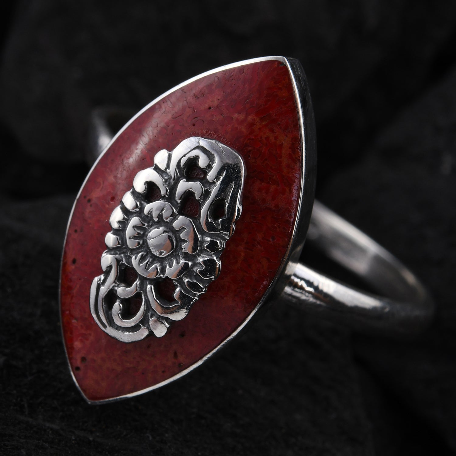 Red Sponge Coral Ring in Sterling Silver Size 9