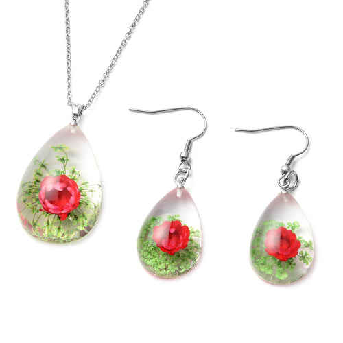Stylish Red and Green Resin Floral Earrings and Pendant Necklace