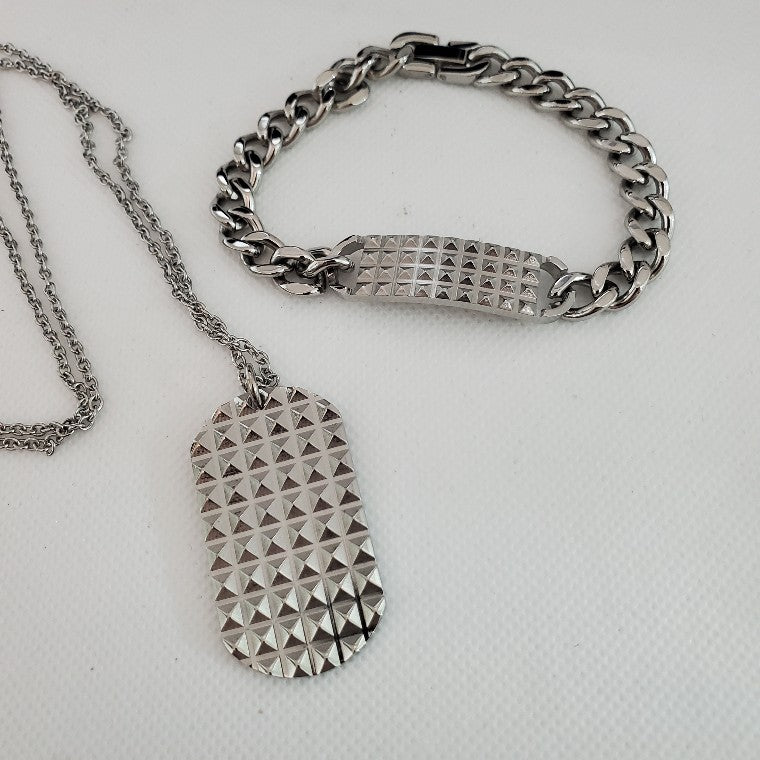 Men's Bracelet and Honey Comb  and Textured Dog Tag Pendant Necklace