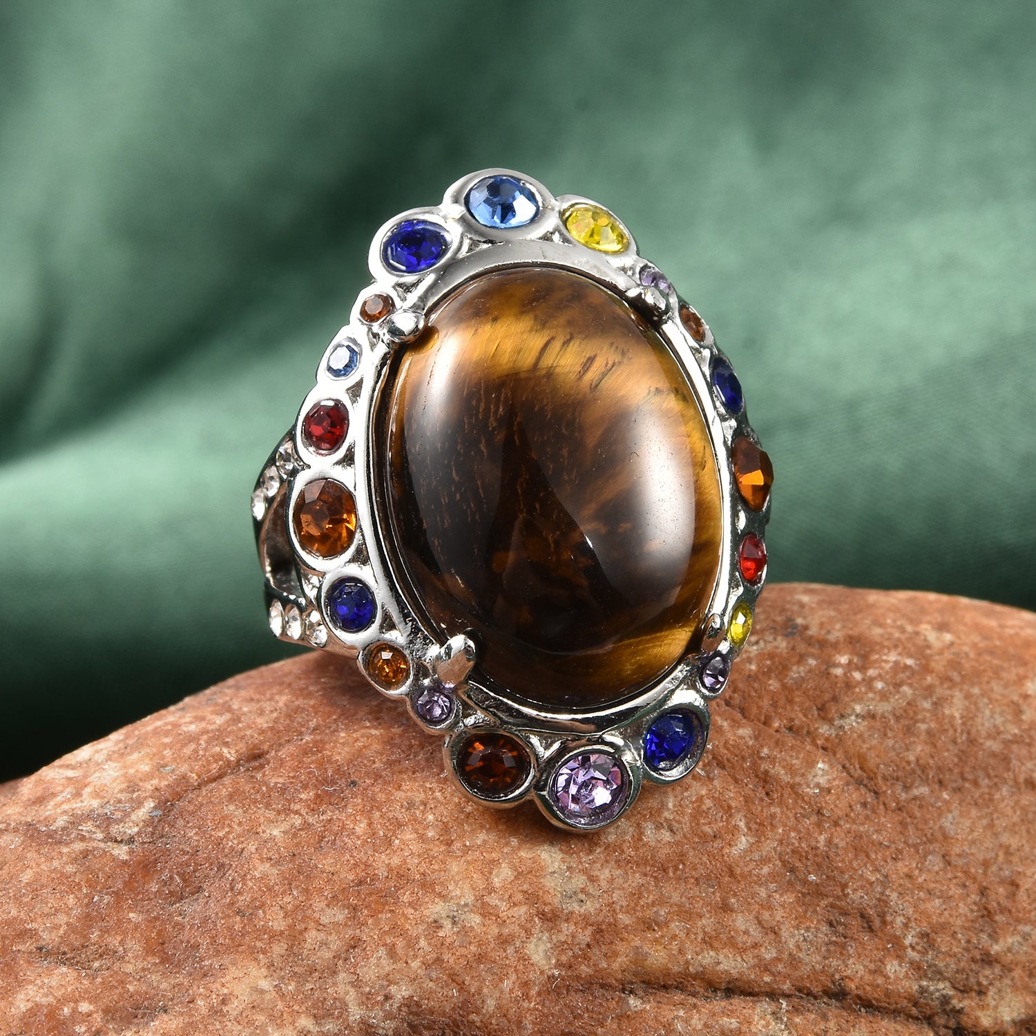 Galilea Rose Quartz or South African Tiger's Eye Multi Color Austrian Crystal Halo Ring