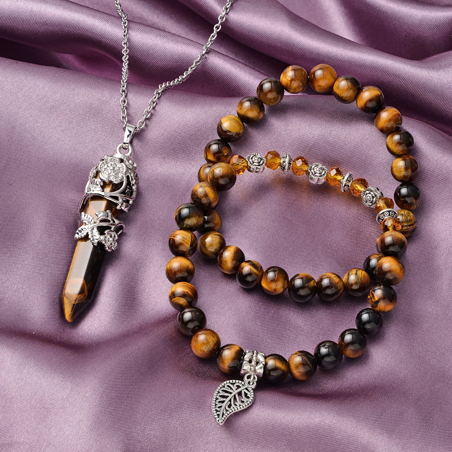 3 pc Genuine Tigers Eye, Bracelets, Pointer Pendant Necklace