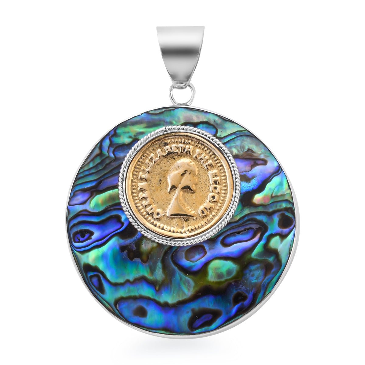 Unisex Abalone Shell Coin Pendant in Sterling Silver With Free Premium Chain