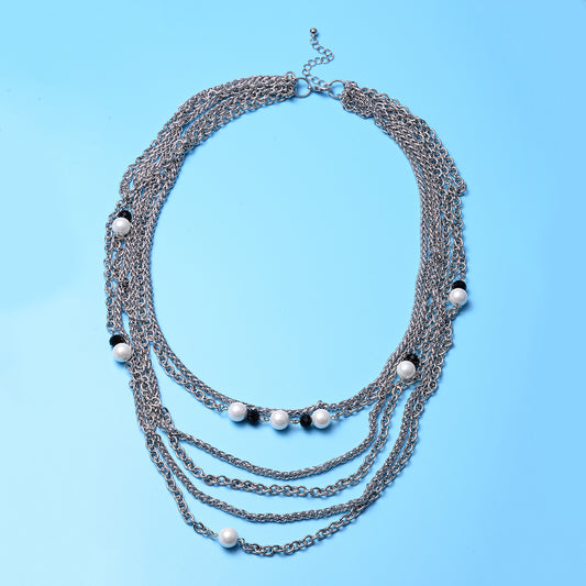 White Pearl Glass, Black Glass Triple-Row Necklace (24 Inches)