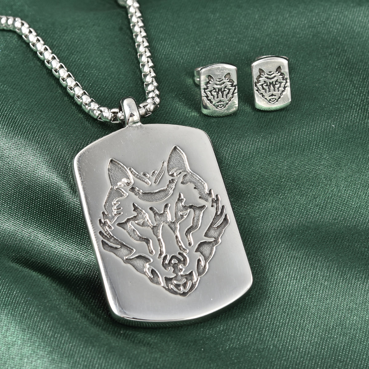Wolf Card Dog Tag Earrings and Pendant Necklace
