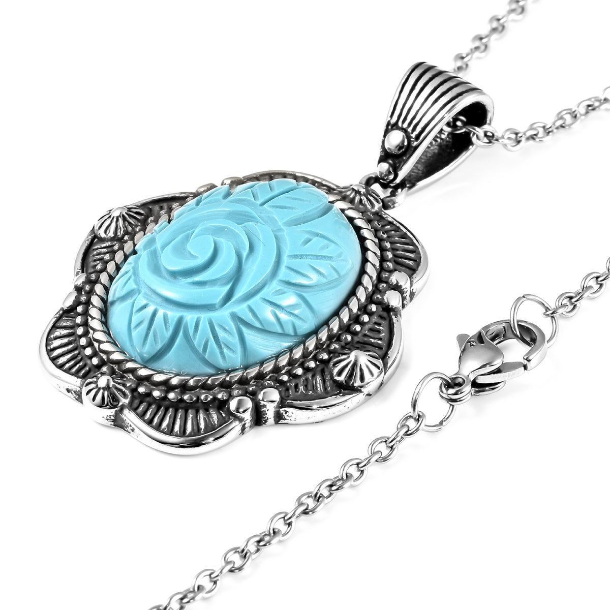 Blue Howlite Carved Rose Pendant Necklace