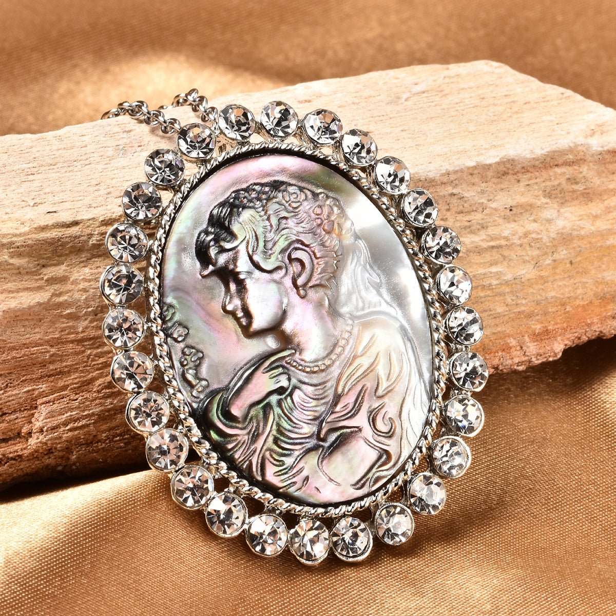 Women's Cameo and White Austrian Crystal Pendant Necklace